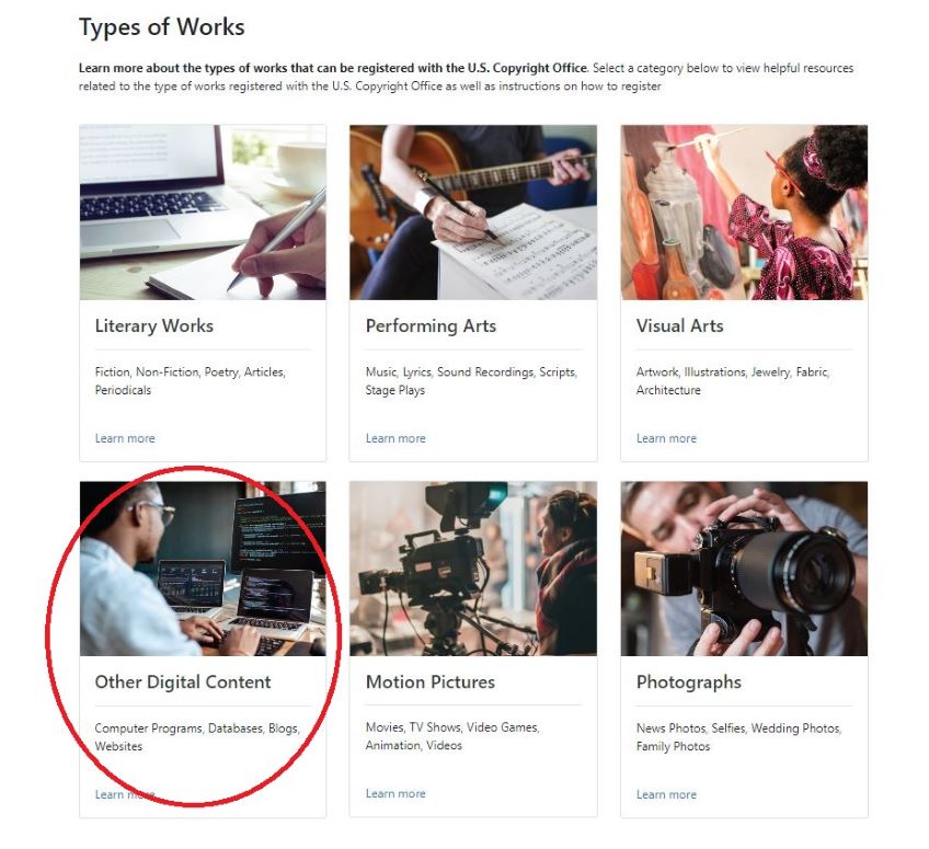 Six types of work shown with a circle around Other Digital Content. 