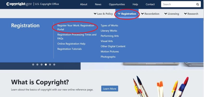 Register work portal on copywright.gov website. 