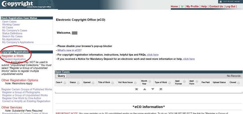 Electronic Copyright Office dashboard with a red circle around the copyright registration menu. 