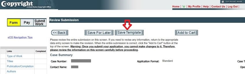 Review submission screen for registration application with a red arrow pointing to a save template button. 