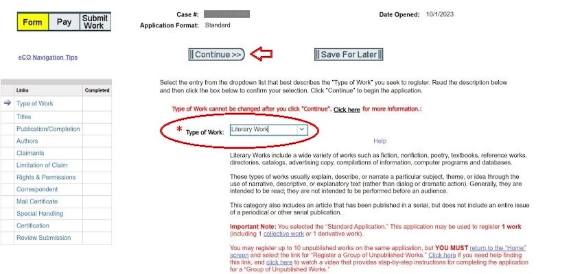 Registration application with a type of work selection menu circled in red. 