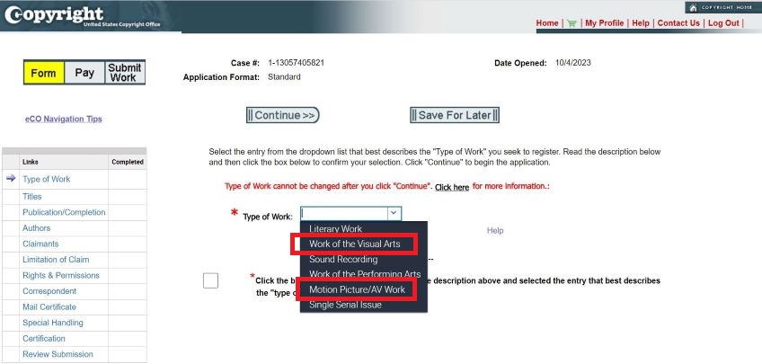 Type of work drop down menu with a red box around Work of the Visual Arts and around Motion Picture/AV Work. 