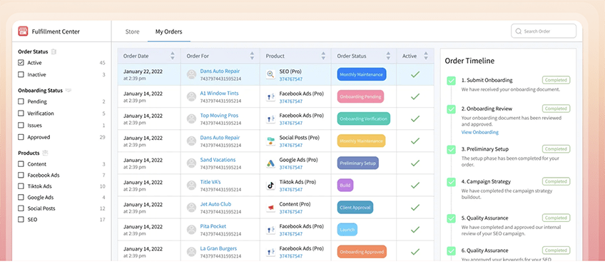 Screenshot of DashClick fulfillment center interface