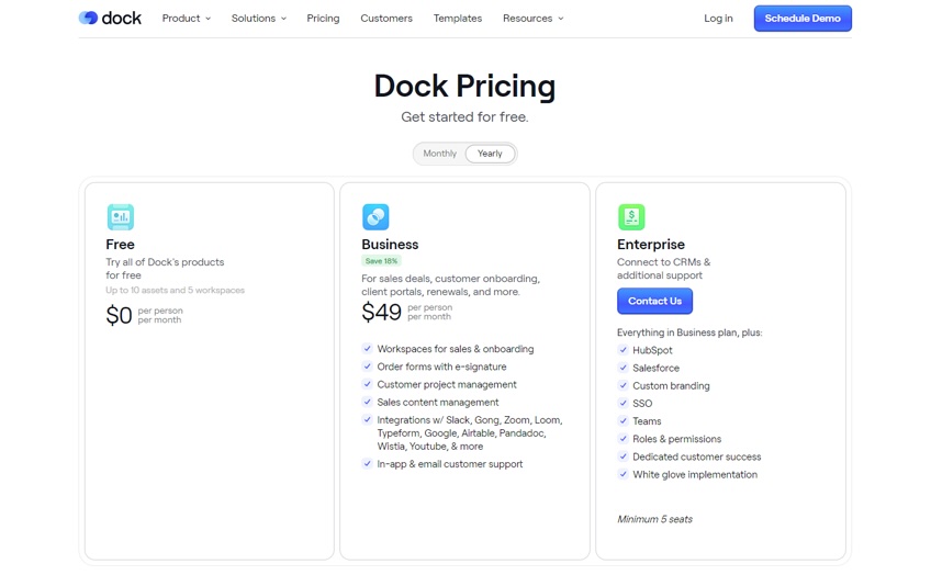Dock pricing options with three plans displayed. 