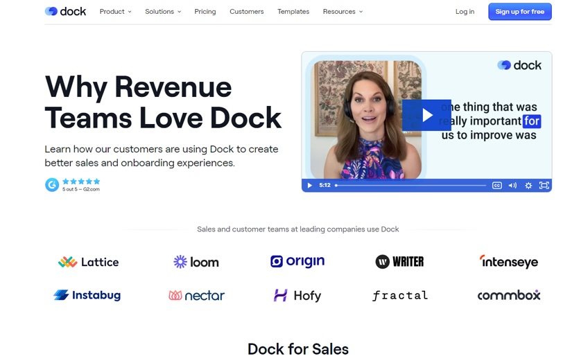 Dock landing page for a video of why revenue teams love using Dock.