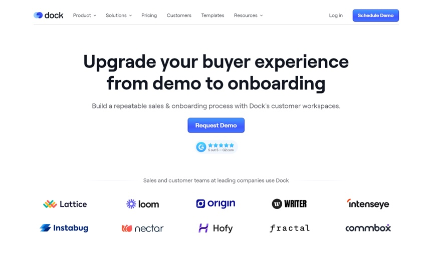 Dock landing page to request a demo with text that reads "Upgrade your buyer experience from demo to onboarding." 