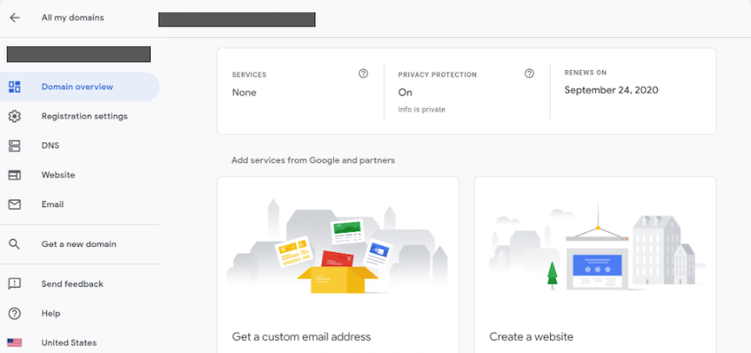 Google Domains dashboard