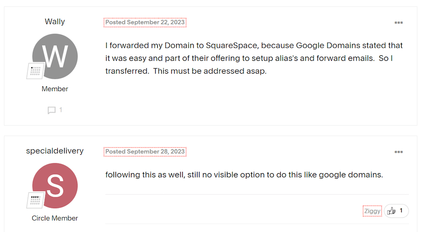 User comments about email forwarding using Squarespace