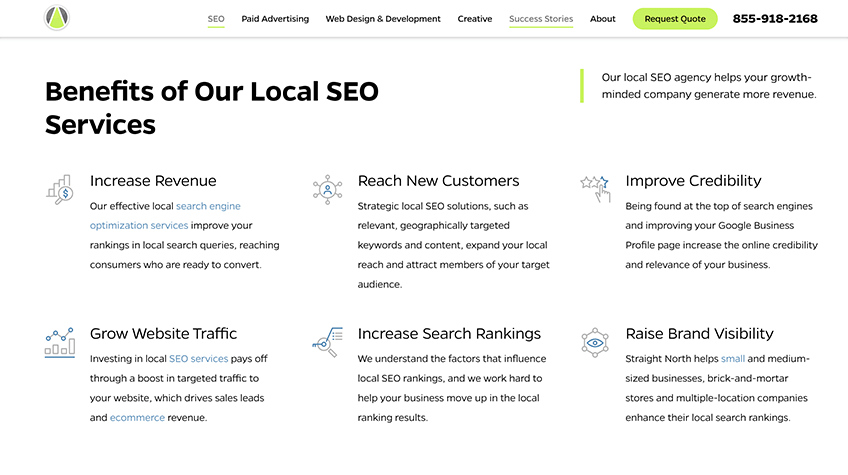 Screenshot of Straight North webpage explaining the benefits of its local SEO services