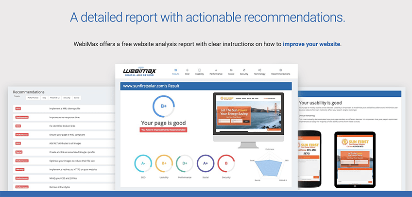 Screenshot of WebiMax webpage that says "A detailed report with actionable recommendations - WebiMax offers a free website analysis report with clear instructions on how to improve your website"