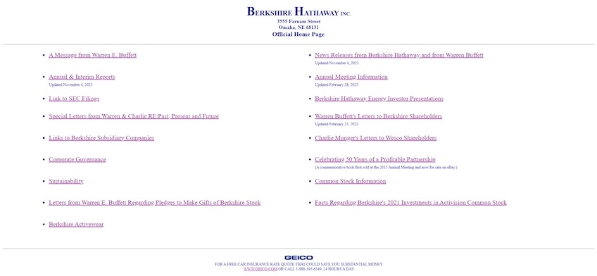 Berkshire Hathaway website example showing a list of links. 