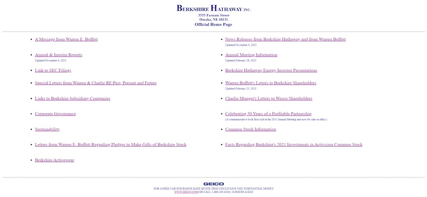 Berkshire Hathaway website example showing a list of links. 