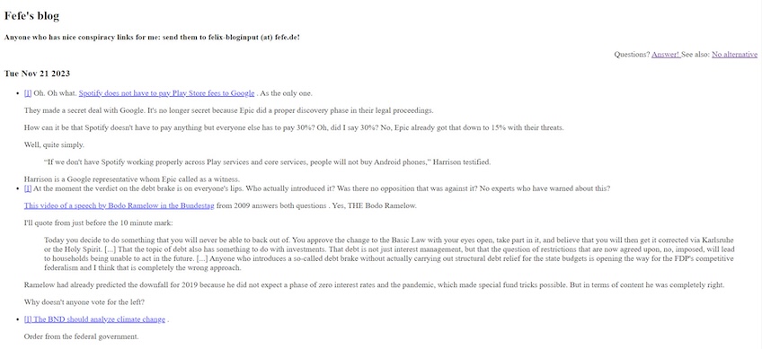 Screenshot of Fefe's blog with news reports shown for November 21, 2023. 