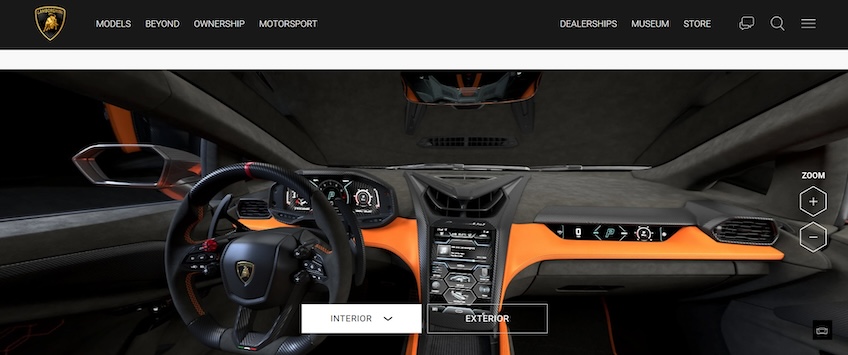 Lamborghini website with a 360 view of the interior of a car. 