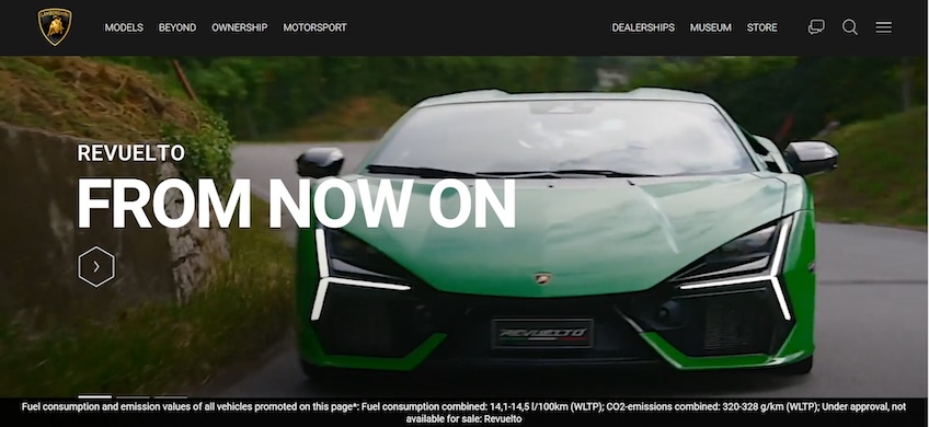 Lamborghini website homepage.
