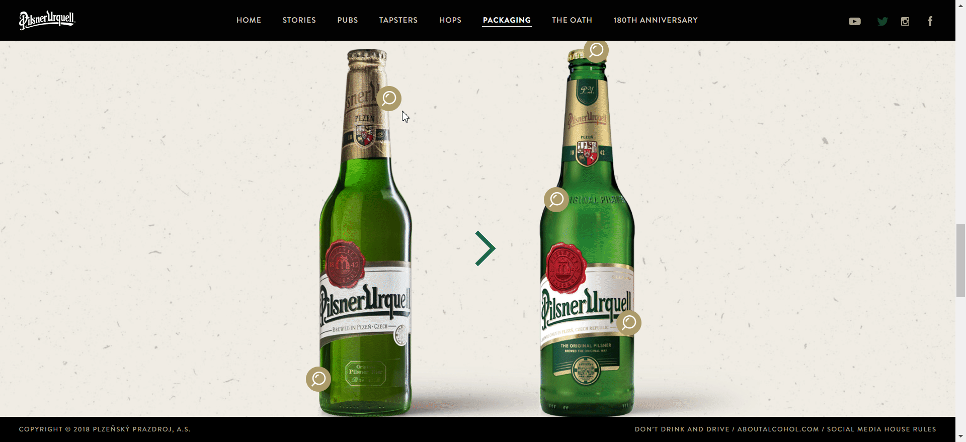 Pilsner Urquell website example for popup messages.