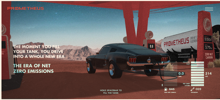 Prometheus Fuels site with an interactive option to fuel up a car at a gas station in a desert setting.