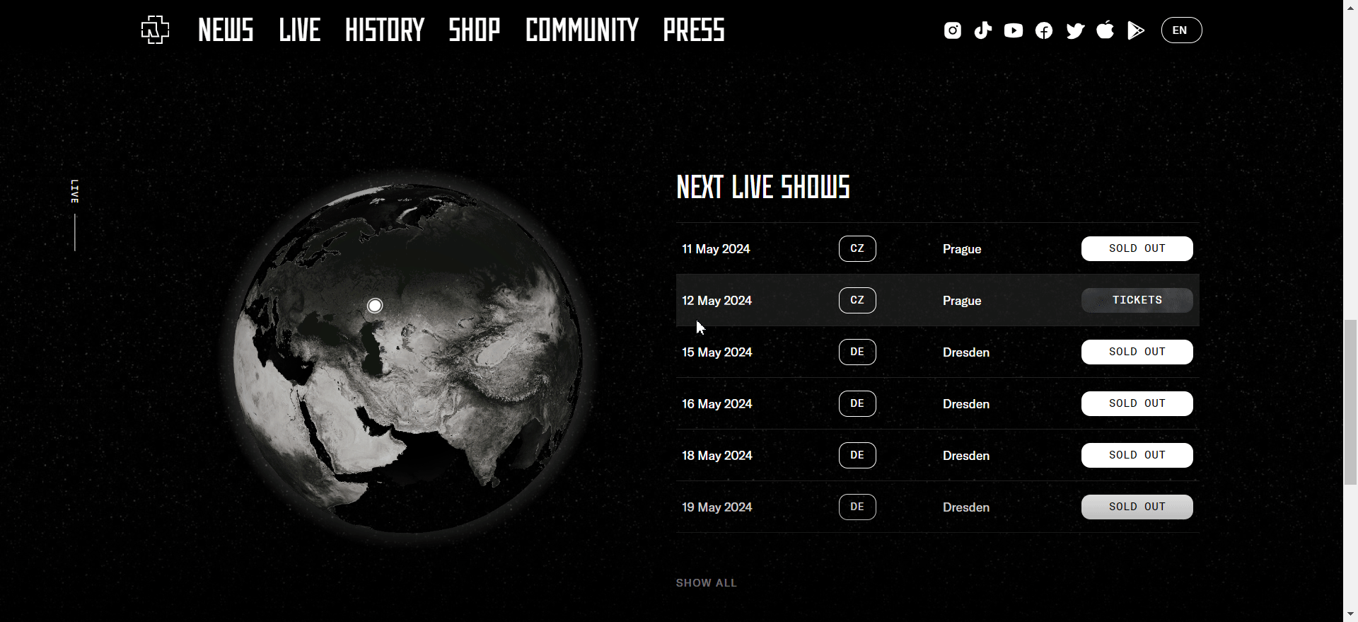 Rammstein website example showing an interactive globe for the next live shows. 