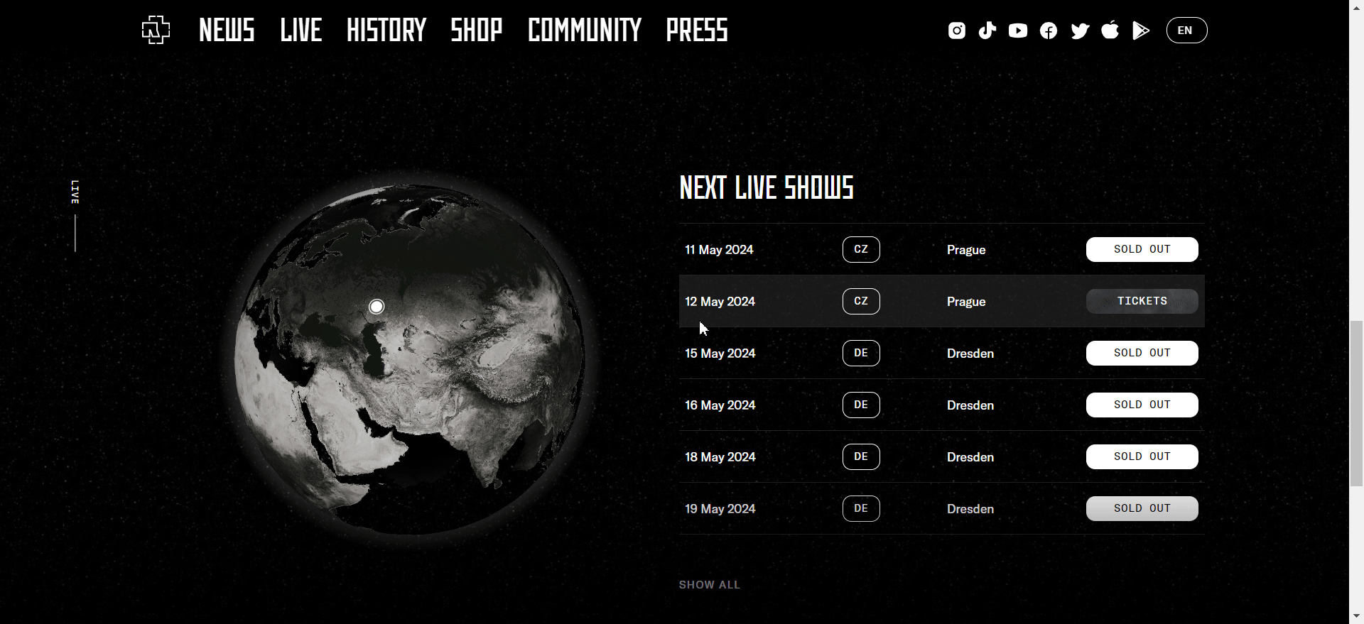 Rammstein website example showing an interactive globe for the next live shows.
