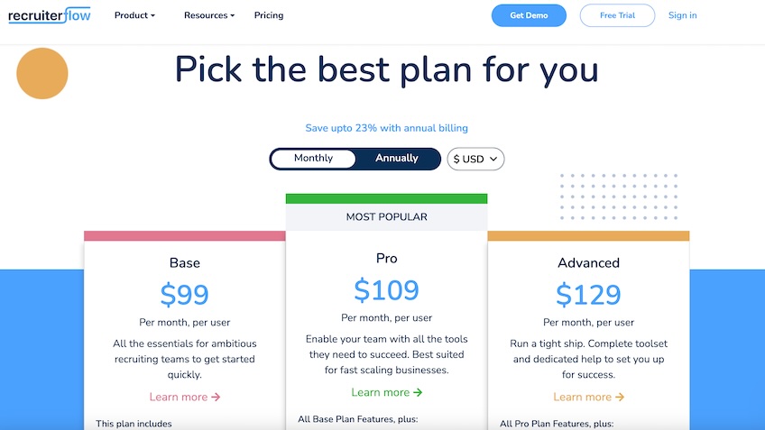 Recruiterflow plans and pricing page. 
