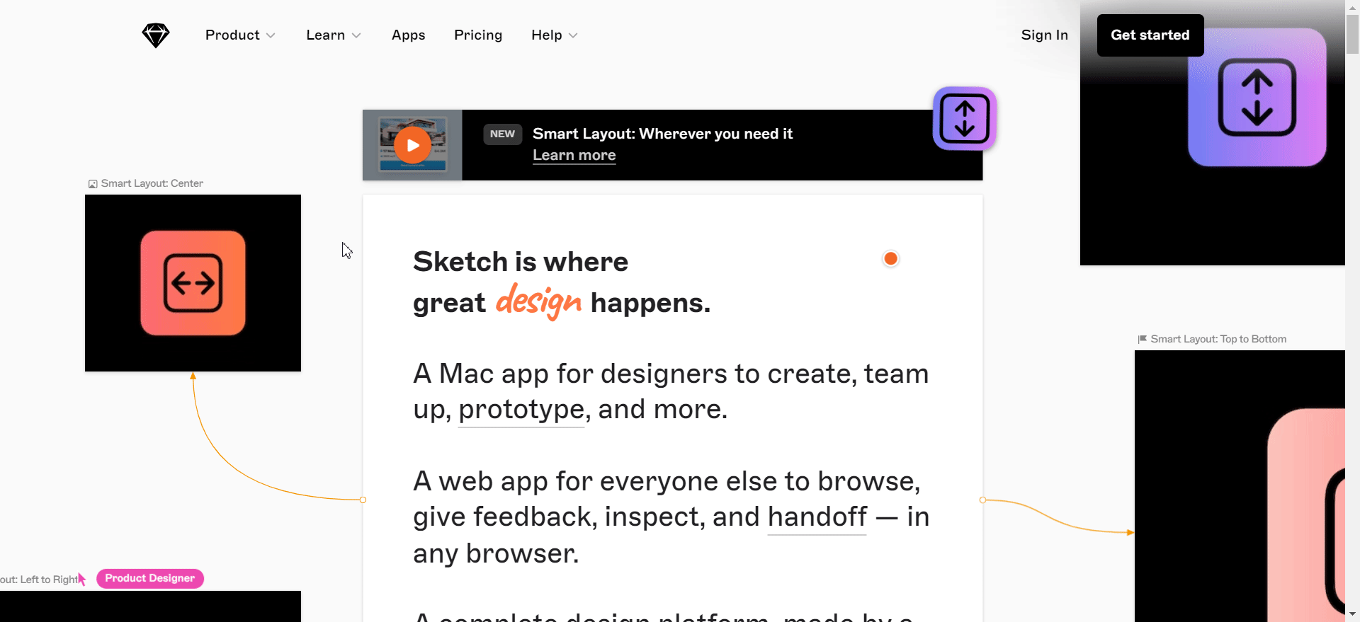 Sketch website with moving design features to highlight the platforms features.