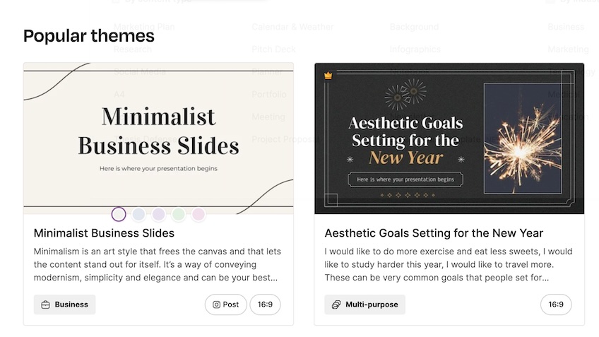 Slidesgo popular themes including Minimalist Business Slides and Aesthetic Goals Setting for the New Year. 