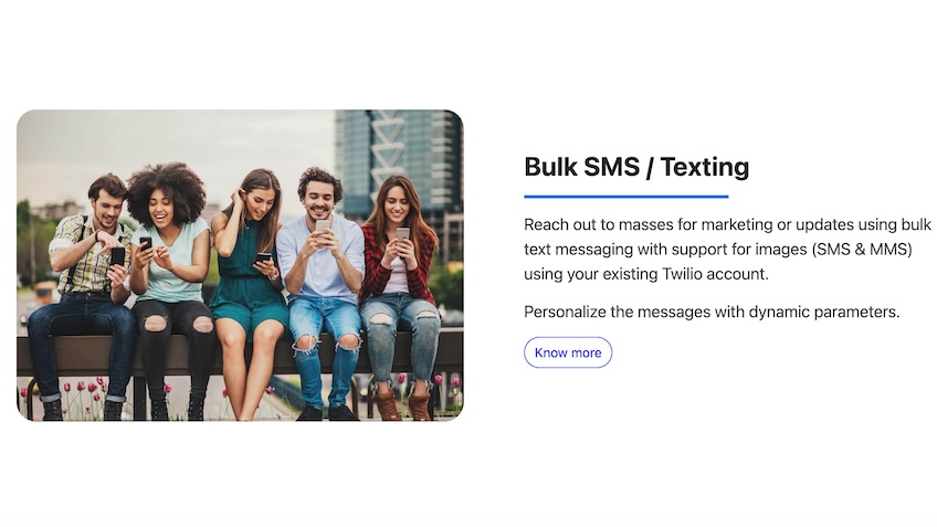 Bulk SMS/Texting feature informational page from Sociocs with a button to "Know more."