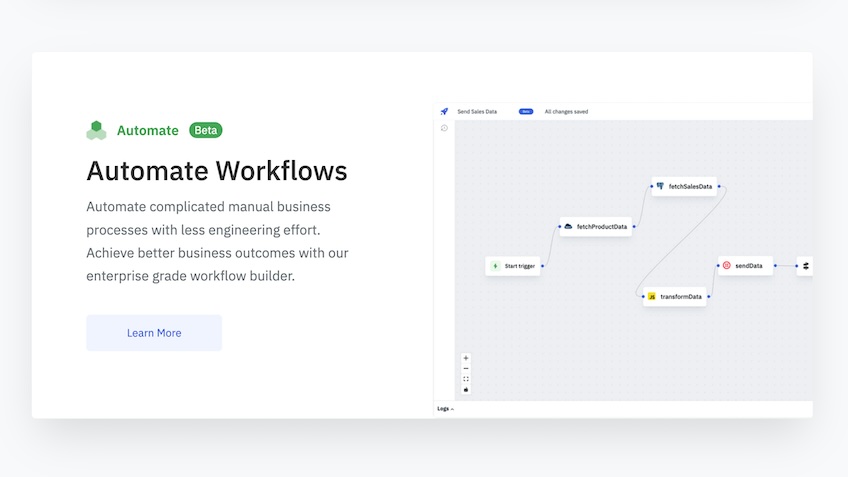 Screenshot from ToolJet homepage with information on how the software helps to automate workflows.