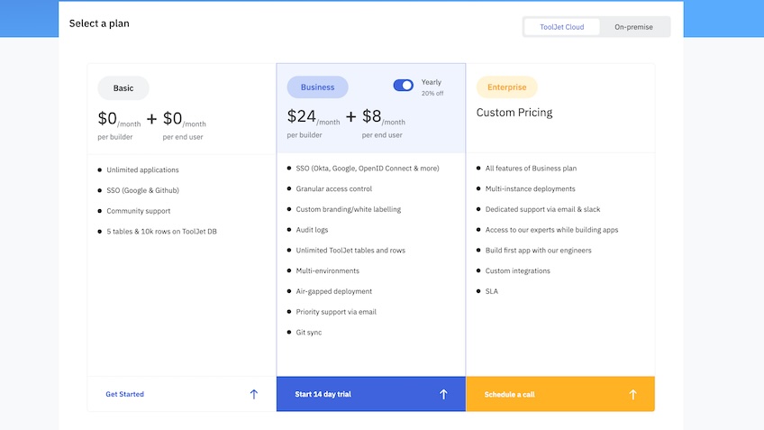 Plans and pricing landing page for ToolJet.