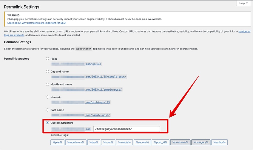 Permalink settings page in WordPress with red box around the Custom Structure option. 