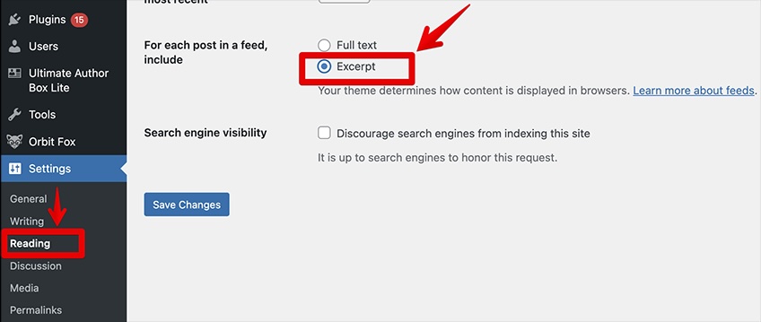 WordPress reading settings with a red box and arrow pointing to the excerpt option for what each post in the feed should include. 