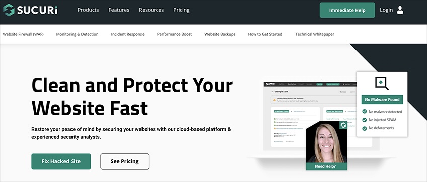 Sucuri homepage with a button that reads "Fix Hacked Site" and a button to "See Pricing."