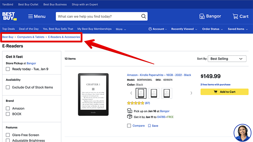A screenshot highlighting breadcrumbs on the Best Buy website