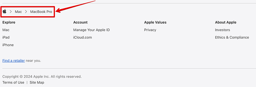 Screenshot example of breadcrumbs on the Apple website