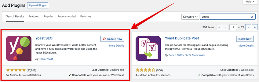 Screenshot of adding the Yoast plugin to WordPress dashboard