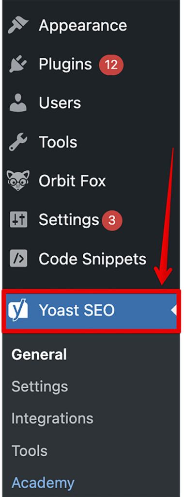 Screenshot of locating Yoast in a WordPress dashboard