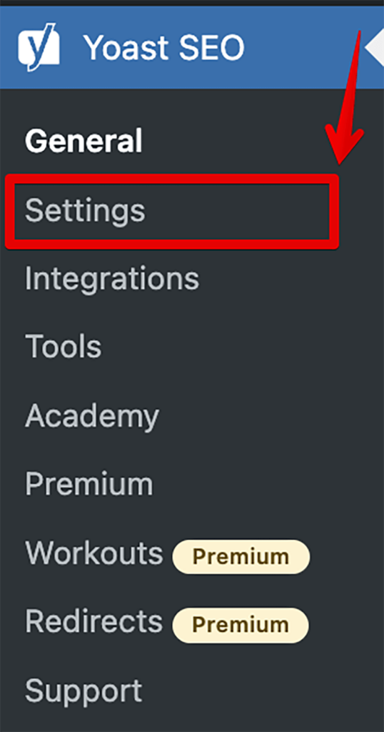 Screenshot of selecting settings in Yoast SEO app