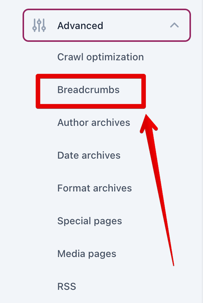 Screenshot of selecting the Breadcrumbs dropdown in Yoast