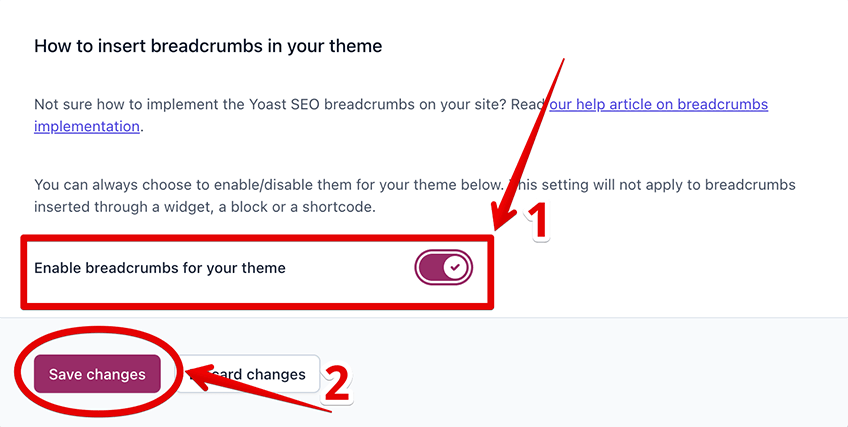Screenshot of clicking the enable breadcrumbs button and saving changes on Yoast