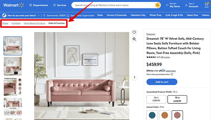 Screenshot example of breadcrumbs on the Walmart website
