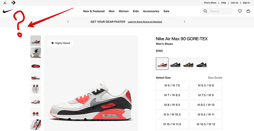 Screenshot of a missing breadcrumb on a Nike shoe listing