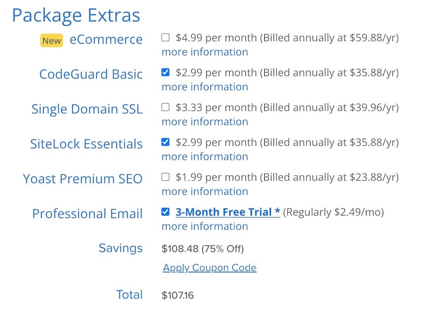 A list of package extras with pricing