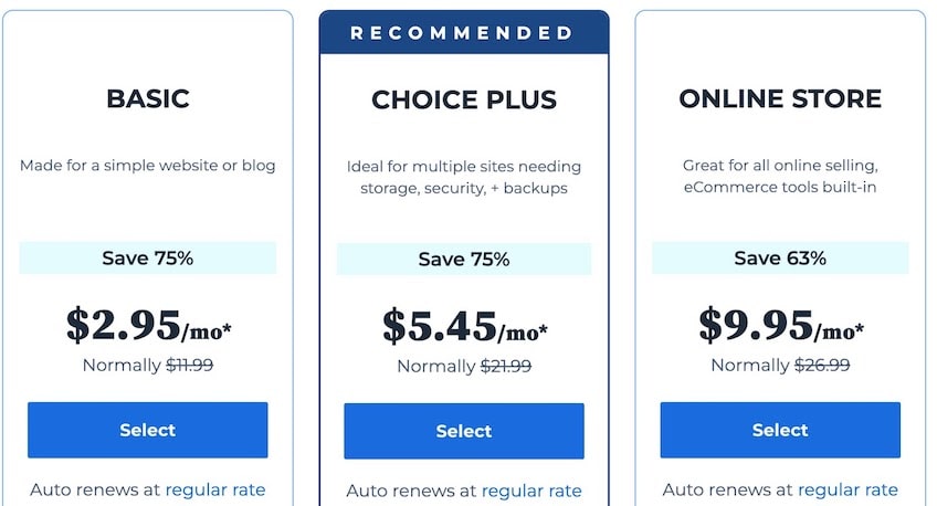 Bluehost pricing packages showing prices for Basic at 2.95 per month, Choice Plus for 5.45 per month, and Online Store for 9.95 per month