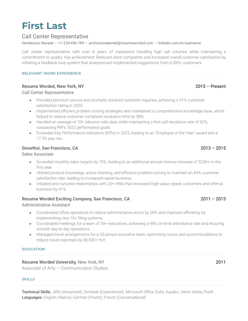 Example of a call center resume