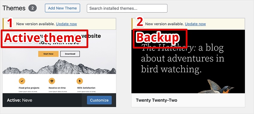 Screenshot showing two WordPress themes with one as the active theme and one as the backup theme. 