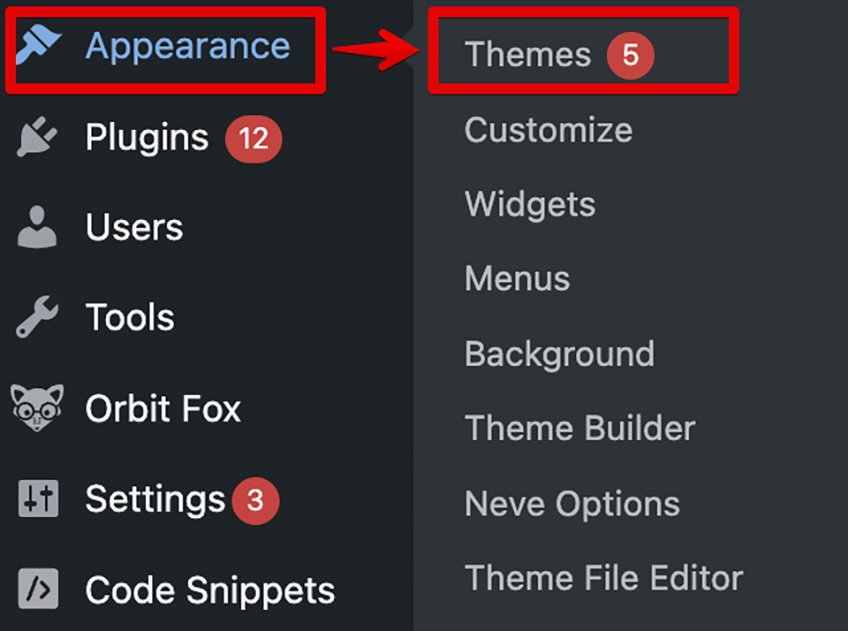 WordPress menu with the appearance selection shown and a red arrow pointing to the themes selection. 