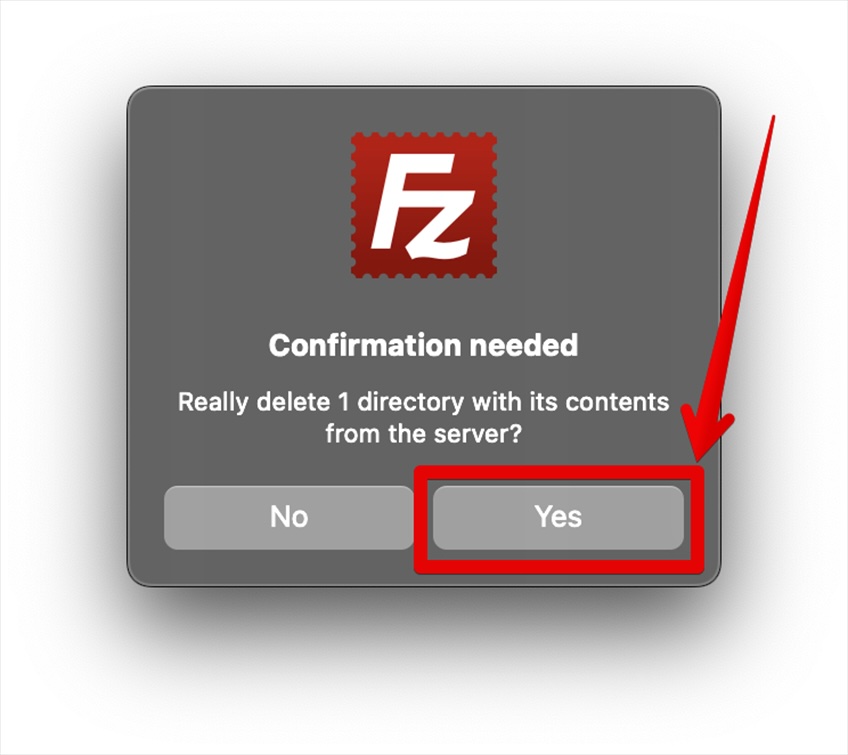 FileZilla confirmation to delete theme. 