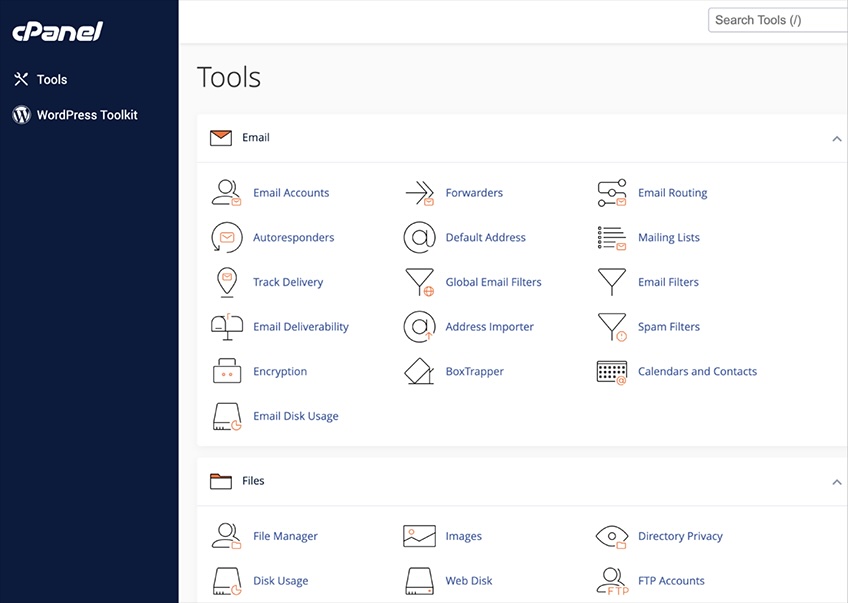cPanel tools menu. 