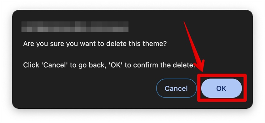 Popup asking if you are sure you want to delete this theme from WordPress. 