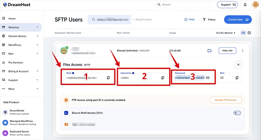 DreamHost SFTP users screen. 